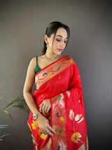 Dista Elora Red Soft Silk Zari Woven Floral Motifs Paithani Saree, view 2