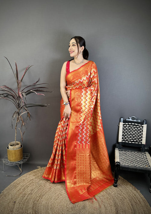 Dista Elora Red Soft Silk Zig Zag Leheriya Zari Weaving Saree