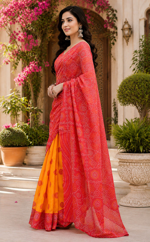 Dista Elora Red & Yellow Chanderi Cotton Bandhani Printed Ready To Wear Saree