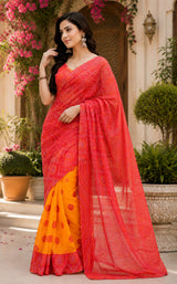 Dista Elora Red & Yellow Chanderi Cotton Bandhani Printed Ready To Wear Saree, view 2