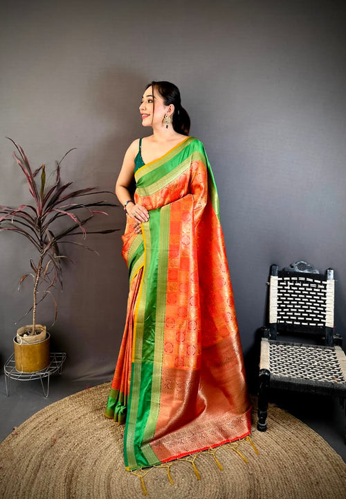 Dista Elora Red & Yellow Soft Silk Zari Weaving Banarasi Saree