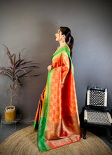 Dista Elora Red & Yellow Soft Silk Zari Weaving Banarasi Saree, view 2