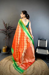 Dista Elora Red & Yellow Soft Silk Zari Weaving Banarasi Saree, view 3