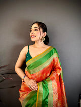 Dista Elora Red & Yellow Soft Silk Zari Weaving Banarasi Saree, view 4