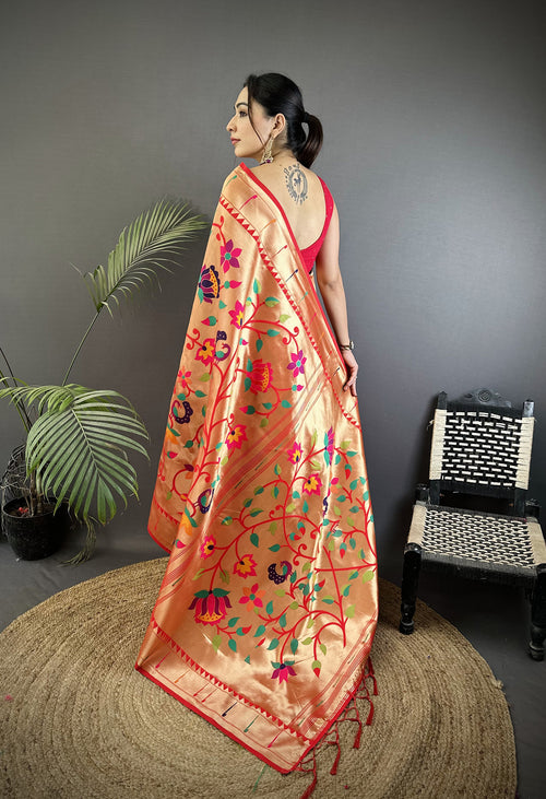 Dista Elora Reddish Pink Soft Silk Floral & Leaf Pattern Paithani Saree