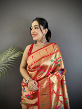 Dista Elora Reddish Pink Soft Silk Floral & Leaf Pattern Paithani Saree, view 2