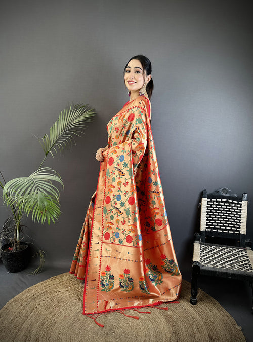 Dista Elora Reddish Pink Soft Silk Mughal-inspired Motifs Pattern Paithani Saree
