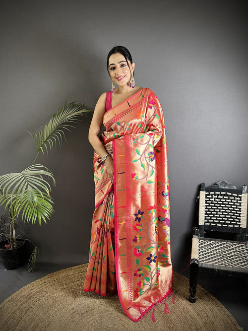 Dista Elora Reddish Pink Soft Silk Peacock and Floral Pattern Paithani Saree