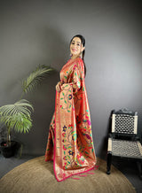 Dista Elora Reddish Pink Soft Silk Peacock and Floral Pattern Paithani Saree, view 2
