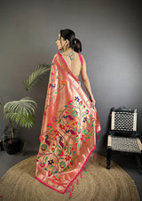 Dista Elora Reddish Pink Soft Silk Peacock and Floral Pattern Paithani Saree, view 3