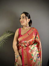 Dista Elora Reddish Pink Soft Silk Peacock and Floral Pattern Paithani Saree, view 4