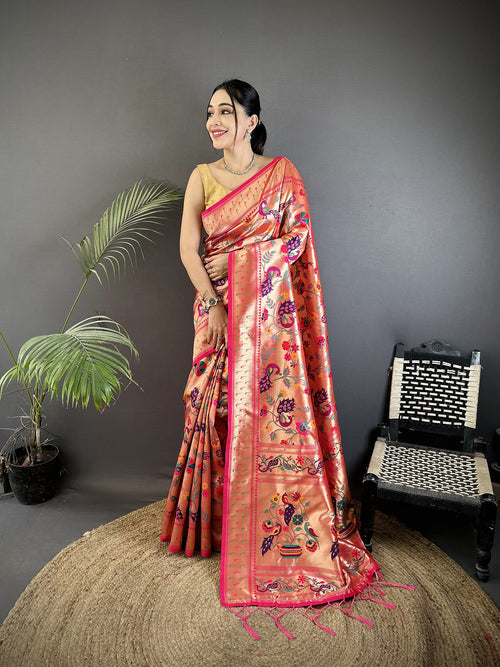 Dista Elora Reddish Pink Soft Silk Peacocks Flowers & Leaves Pattern Paithani Saree