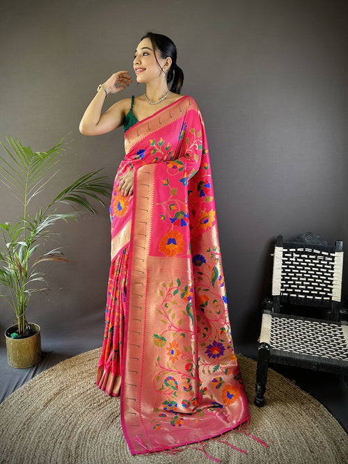 Dista Elora Reddish Pink Soft Silk Zari Woven Floral Motifs Paithani Saree