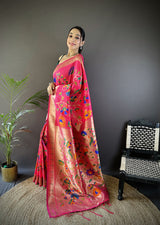 Dista Elora Reddish Pink Soft Silk Zari Woven Floral Motifs Paithani Saree, view 2