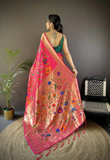 Dista Elora Reddish Pink Soft Silk Zari Woven Floral Motifs Paithani Saree, view 3
