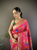Dista Elora Reddish Pink Soft Silk Zari Woven Floral Motifs Paithani Saree, view 4