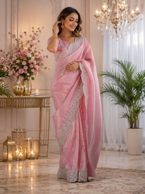 Dista Elora Rich Pink Shimmer Chiffon Plain/Solid Scalloped Edge Embroidered Border Bollywood Saree