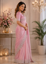 Dista Elora Rich Pink Shimmer Chiffon Plain/Solid Scalloped Edge Embroidered Border Bollywood Saree, view 2