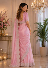 Dista Elora Rich Pink Shimmer Chiffon Plain/Solid Scalloped Edge Embroidered Border Bollywood Saree, view 3