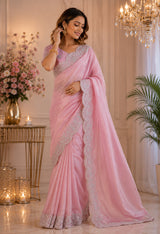 Dista Elora Rich Pink Shimmer Chiffon Plain/Solid Scalloped Edge Embroidered Border Bollywood Saree, view 4