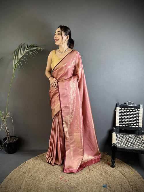 Dista Elora Rose Gold Soft Satin Silk Paisley & Floral Banarasi Saree