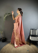 Dista Elora Rose Gold Soft Satin Silk Paisley & Floral Banarasi Saree, view 2