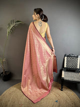 Dista Elora Rose Gold Soft Satin Silk Paisley & Floral Banarasi Saree, view 3