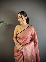 Dista Elora Rose Gold Soft Satin Silk Paisley & Floral Banarasi Saree, view 4