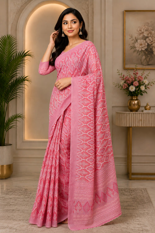 Dista Elora Rose Pink Chanderi Cotton Geometric & Ethnic Motifs Printed Ready To Wear Saree