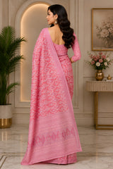 Dista Elora Rose Pink Chanderi Cotton Geometric & Ethnic Motifs Printed Ready To Wear Saree, view 3