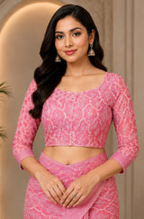 Dista Elora Rose Pink Chanderi Cotton Geometric & Ethnic Motifs Printed Ready To Wear Saree, view 4