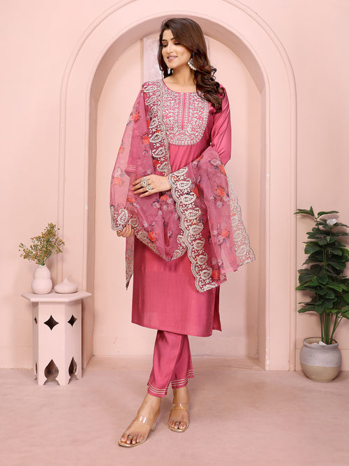 Dista Elora Rose Pink Roman Plain Embroidery Straight Round Neck Kurta Set