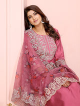 Dista Elora Rose Pink Roman Plain Embroidery Straight Round Neck Kurta Set, view 2