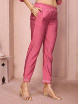 Dista Elora Rose Pink Roman Plain Embroidery Straight Round Neck Kurta Set, view 3