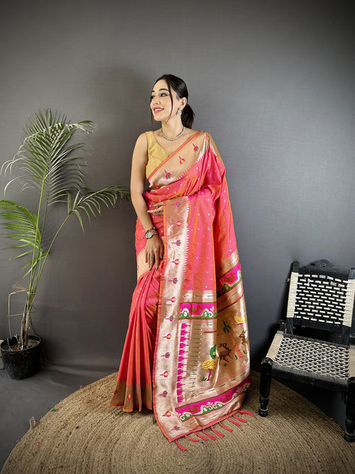 Dista Elora Rose Pink Soft Lichi Silk Peacock & Floral Motifs Jacquard Kanchipuram Saree
