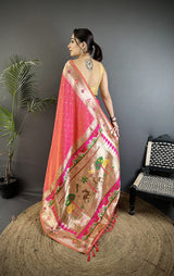 Dista Elora Rose Pink Soft Lichi Silk Peacock & Floral Motifs Jacquard Kanchipuram Saree, view 2