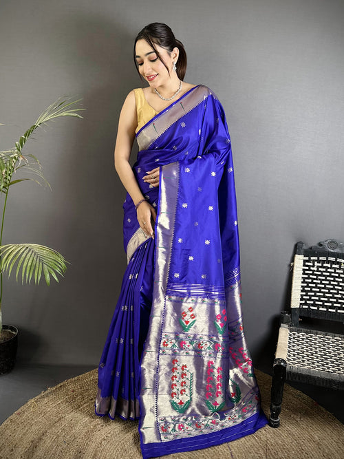 Dista Elora Royal Blue Lichi Silk Floral Ikat Motifs Zari weaving Paithani Saree