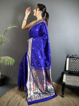 Dista Elora Royal Blue Lichi Silk Floral Ikat Motifs Zari weaving Paithani Saree, view 2