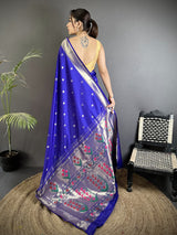 Dista Elora Royal Blue Lichi Silk Floral Ikat Motifs Zari weaving Paithani Saree, view 3