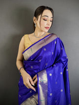 Dista Elora Royal Blue Lichi Silk Floral Ikat Motifs Zari weaving Paithani Saree, view 4