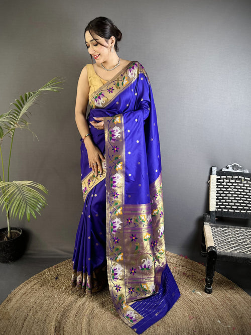 Dista Elora Royal Blue Lichi Silk Floral & Meena Weaving Zari Worked Paithani Saree
