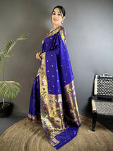 Dista Elora Royal Blue Lichi Silk Floral & Meena Weaving Zari Worked Paithani Saree, view 2