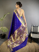 Dista Elora Royal Blue Lichi Silk Floral & Meena Weaving Zari Worked Paithani Saree, view 3