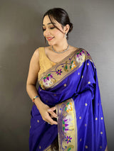 Dista Elora Royal Blue Lichi Silk Floral & Meena Weaving Zari Worked Paithani Saree, view 4