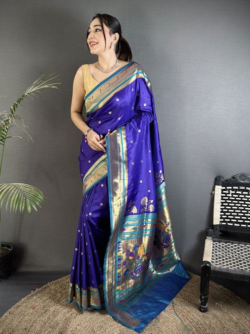 Dista Elora Royal Blue Lichi Silk Floral Motifs Zari Weaving Paithani Saree