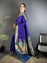 Dista Elora Royal Blue Lichi Silk Floral Motifs Zari Weaving Paithani Saree, view 2