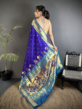 Dista Elora Royal Blue Lichi Silk Floral Motifs Zari Weaving Paithani Saree, view 3