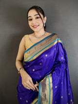 Dista Elora Royal Blue Lichi Silk Floral Motifs Zari Weaving Paithani Saree, view 5