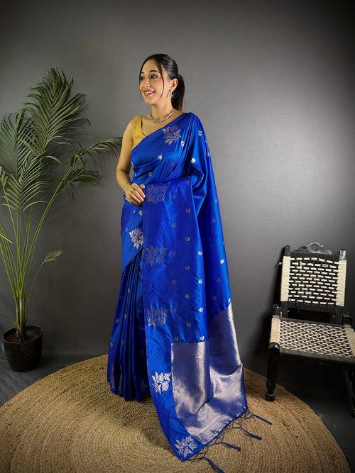Dista Elora Royal Blue Lichi Silk Flower Zari Weaving Banarasi Saree