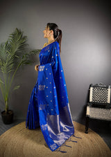 Dista Elora Royal Blue Lichi Silk Flower Zari Weaving Banarasi Saree, view 2